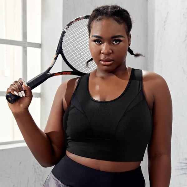 

Plus Mesh Panel Racer Back Sports Bra, Black