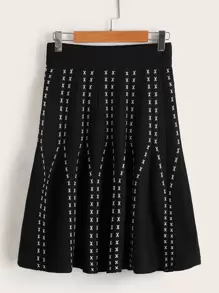 EMERY ROSE Graphic Pattern Elastic Waist Sweater Skirt - Black - View 1