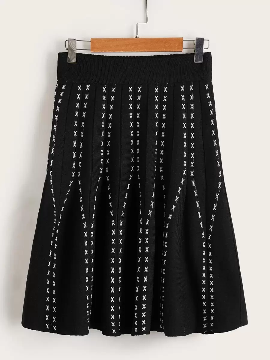 EMERY ROSE Graphic Pattern Elastic Waist Sweater Skirt - Black - View 1