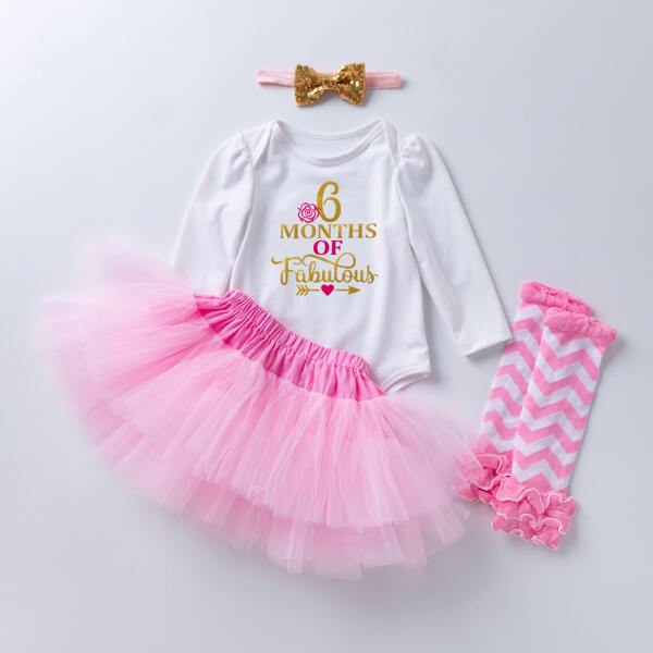 

Baby Girl 4pcs Slogan Graphic Tee Bodysuit & Tutu Skirt Set, Multicolor