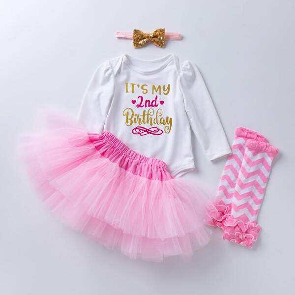 

Baby Girl 4pcs Slogan Graphic Tee Bodysuit & Tutu Skirt Set, Multicolor