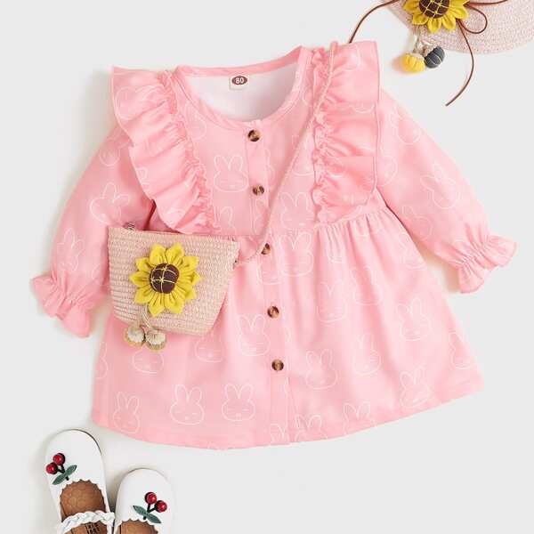 

Baby Girl Rabbit Print Button Up Ruffle Smock Dress, Baby pink