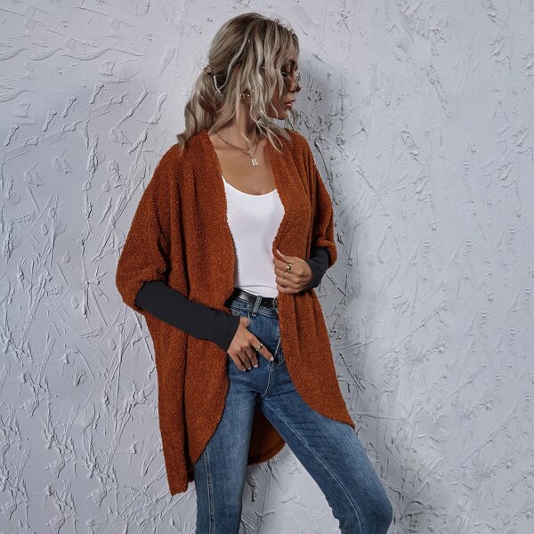 

Leg-of-mutton Sleeve Open Front Teddy Coat, Rust brown