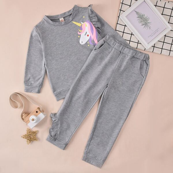 

Toddler Girls Cartoon Graphic Ruffle Trim Sweatshirt & Sweatpants, Grey
