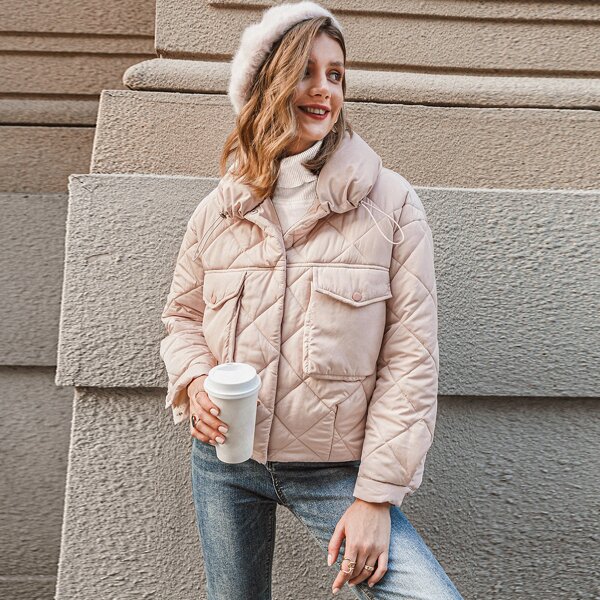 

Button Front Flap Pocket Puffer Jacket, Pastel baby pink