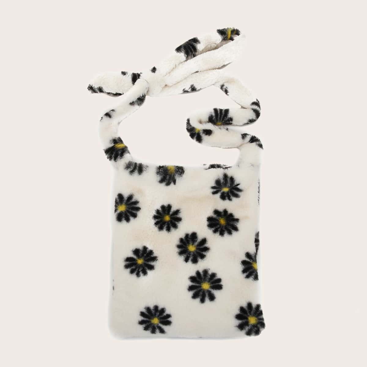 

Flower Pattern Fluffy Shoulder Bag, White