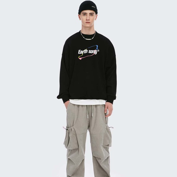 

Men Drop Shoulder Letter & Geo Print Pullover, Black