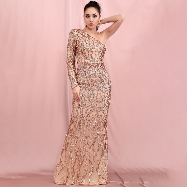 

One Shoulder Sequin Prom Dress, Champagne