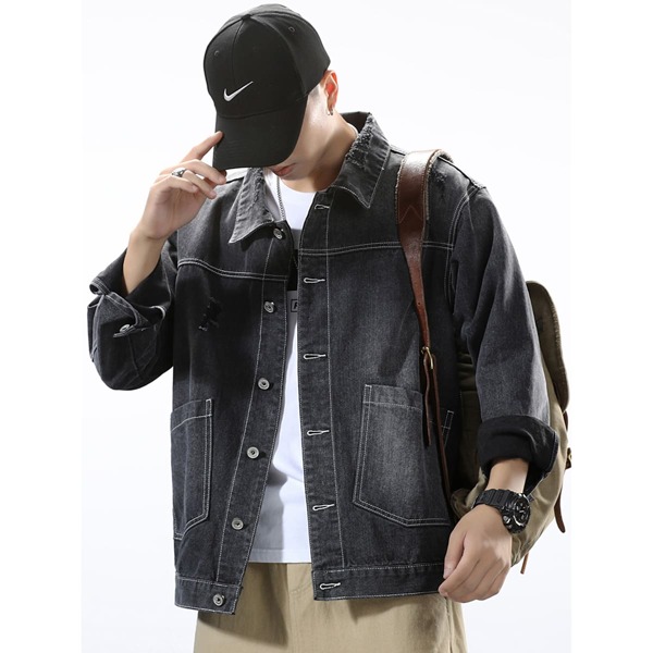 

Men Dual Pocket Ripped Denim Jacket, Dark grey