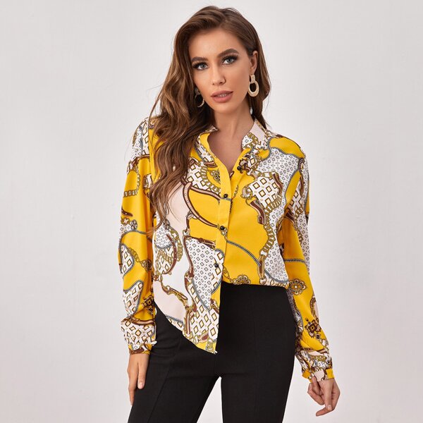 

Scarf Print Button Front Blouse, Multicolor