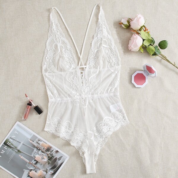 

Plus Mesh Floral Lace Teddy Bodysuit, White