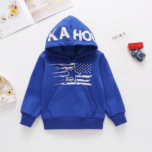 

Toddler Girls Letter & Star Print Pocket Hoodie, Blue
