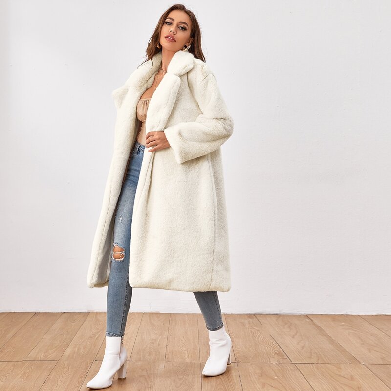 

Open Front Faux Fur Coat, Beige