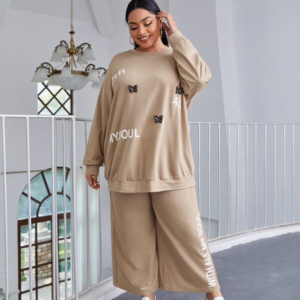 

Plus Letter Graphic Appliques Front Pullover & Wide Leg Pants Set, Khaki