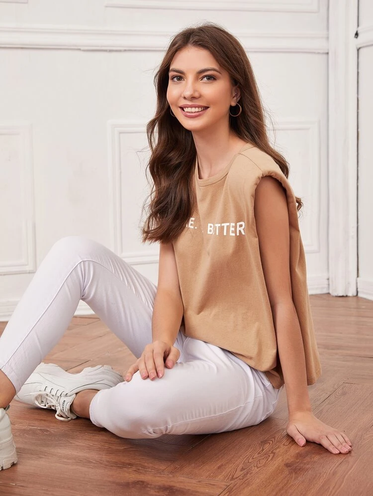 Slogan Graphic Shoulder Pad Tank Top