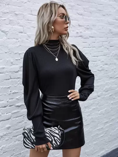 MockNeckPuffSleeveRib-knitTee - Best of SHEIN