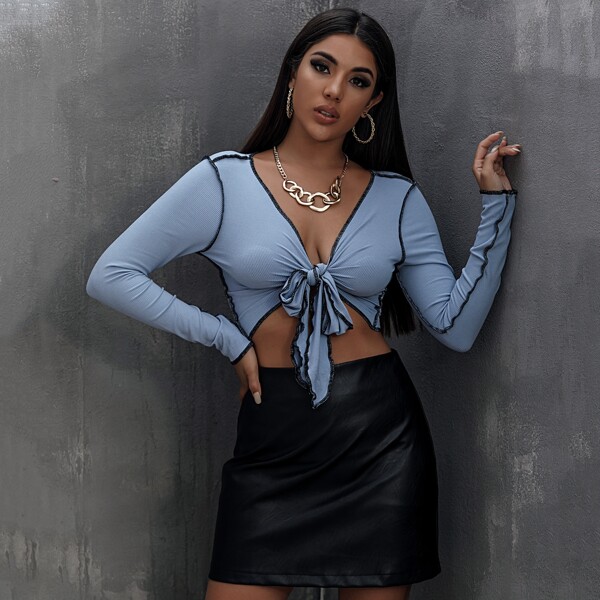 

Tie Front Contrast Stitch Rib-knit Top, Dusty blue