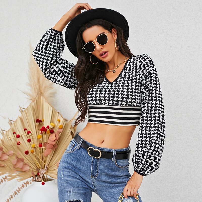 

Houndstooth & Striped Print Crop Tee, Black and white