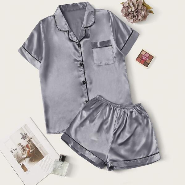 

Contrast Binding Satin PJ Set, Grey