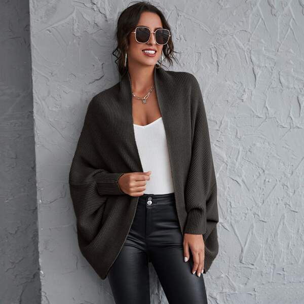 

Open Front Ribbed Knit Cape Cardigan, Black