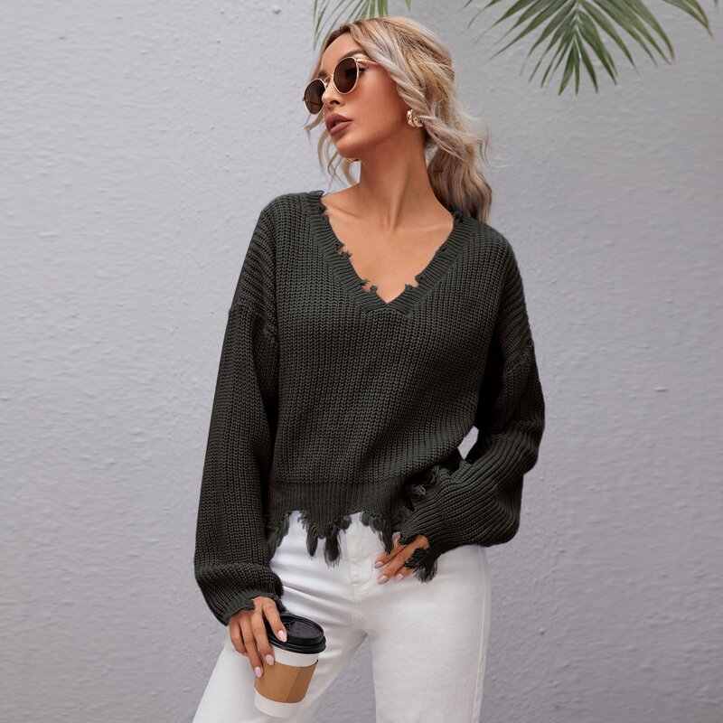 

Distressed Hem Rib-knit Sweater, Black
