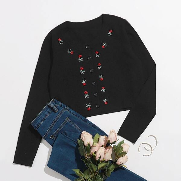 

Floral Embroidered Crop Cardigan, Black
