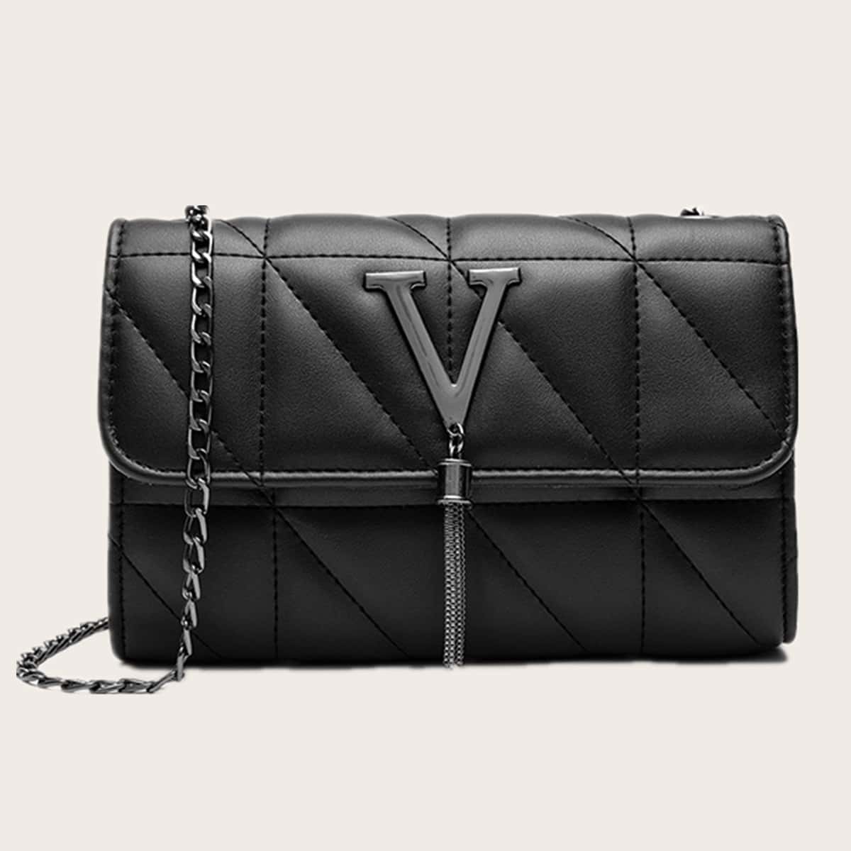 

Quilted Flap Chain Bag, Black