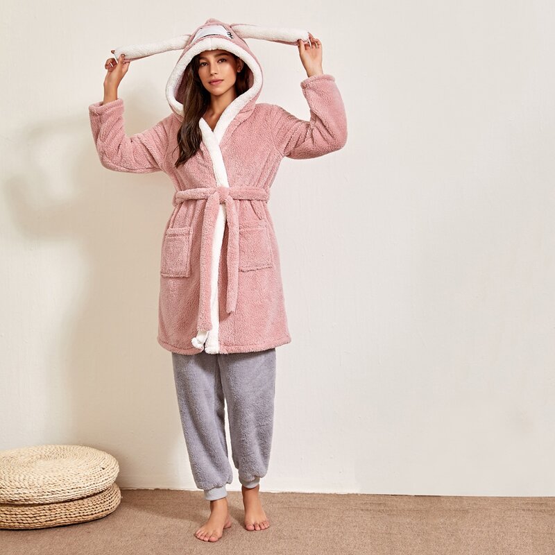

3D Ears Patched Belted Flannel Robe, Dusty pink