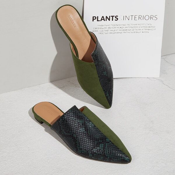 

Snakeskin Print Point Toe Mules, Army green