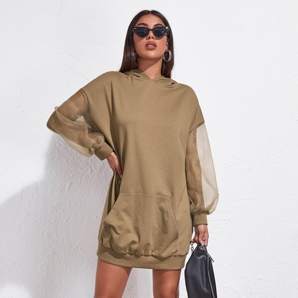 

Contrast Mesh Sleeve Kangaroo Hoodie Dress, Khaki
