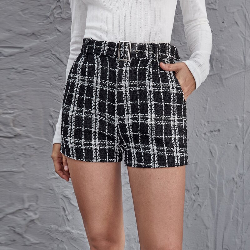 

Tweed Plaid Belted Straight Leg Shorts, Black and white
