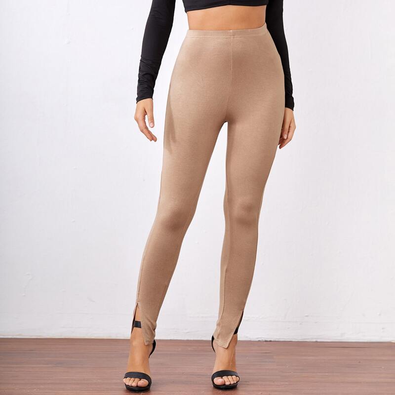 

Solid Split Hem Leggings, Apricot