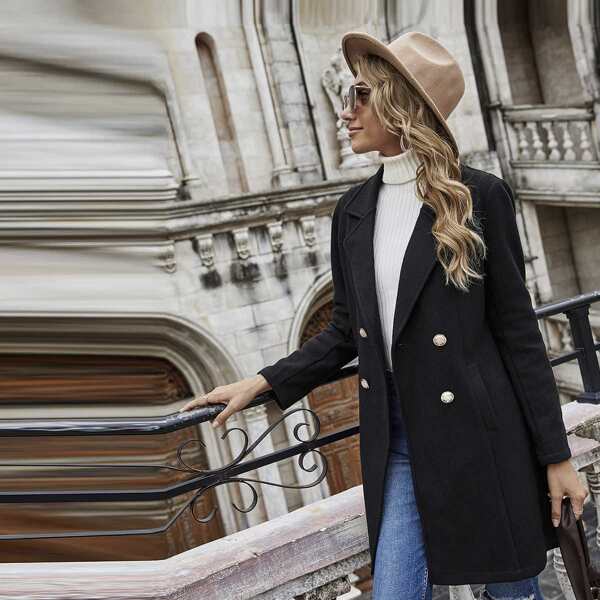 

Solid Lapel Neck Pea Coat, Black