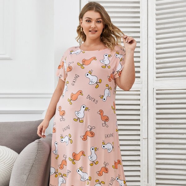 

Plus Allover Cartoon And Letter Graphic Night Dress, Baby pink