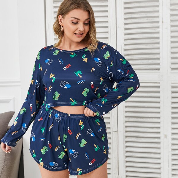 

Plus Allover Cartoon And Letter Graphic PJ Set, Navy blue