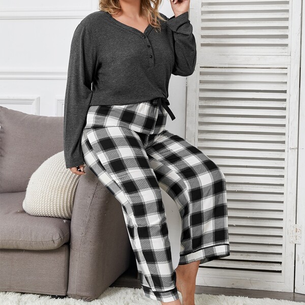 

Plus Button Front Gingham Print Pajama Set, Multicolor