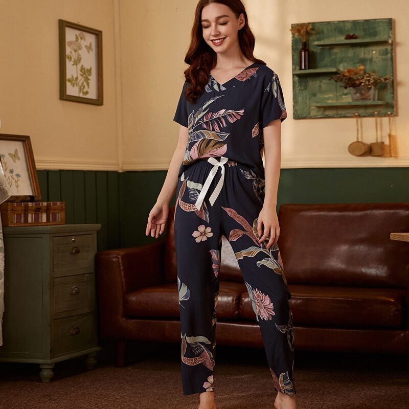 

Tropical Print Short Sleeve Bow Front Pajama Set, Dusty blue