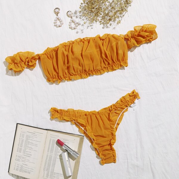 

Chiffon Frill Trim Bardot Lingerie Set, Yellow