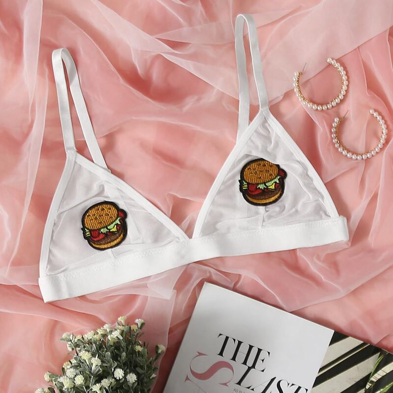 

Cartoon Appliques Mesh Bralette, White