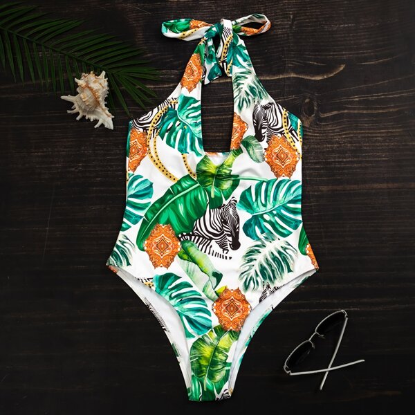 

Tropical & Animal Halter One Piece Swimsuit, Multicolor