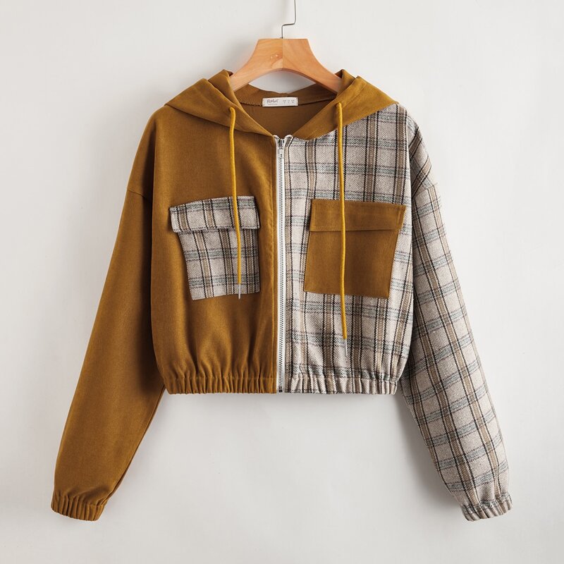 

Plaid Drawstring Hooded Jacket, Multicolor