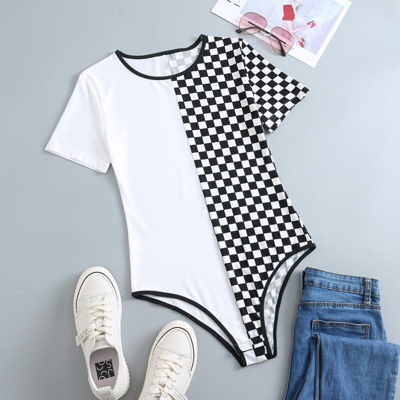 

Contrast Checkerboard Tee Bodysuit, Black and white