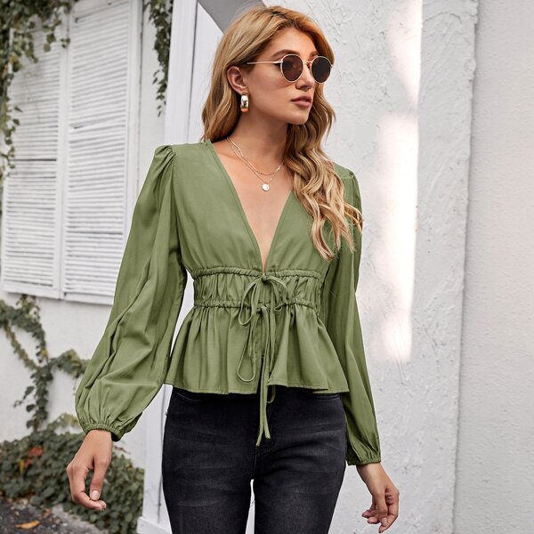 

Lantern Sleeve Tie Front Peplum Top, Lime green