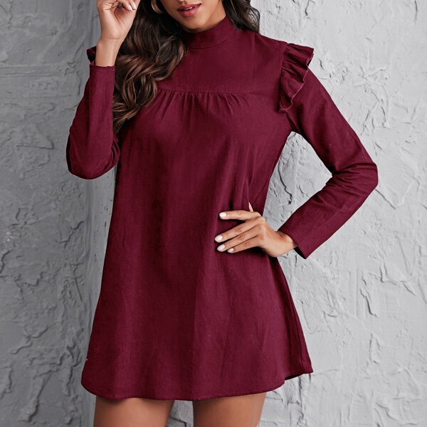 

Mock-Neck Ruffle Trim Dress, Maroon