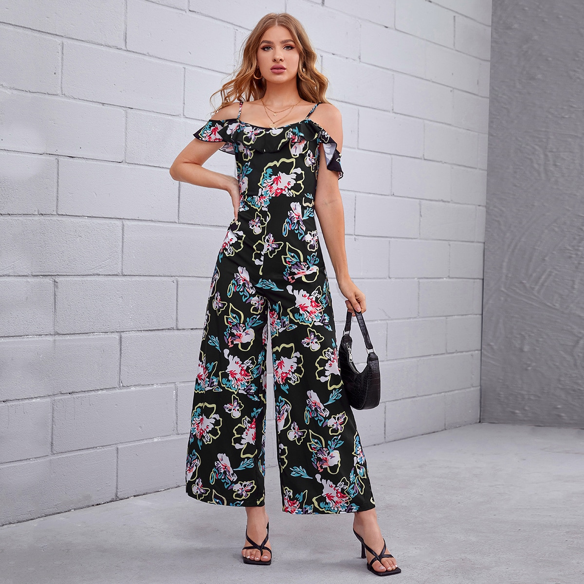 Image of Cold Shoulder Floral Print Wide Leg Jumpsuit