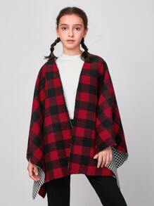 SHEIN Girls Gingham Open Front Cape Coat - Multicolor - View 1