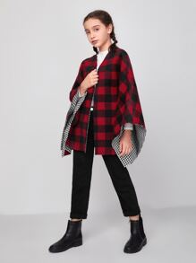 SHEIN Girls Gingham Open Front Cape Coat - Multicolor - View 3