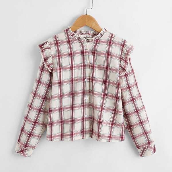 

Girls Tartan Ruffle Detail Button Front Blouse, Multicolor