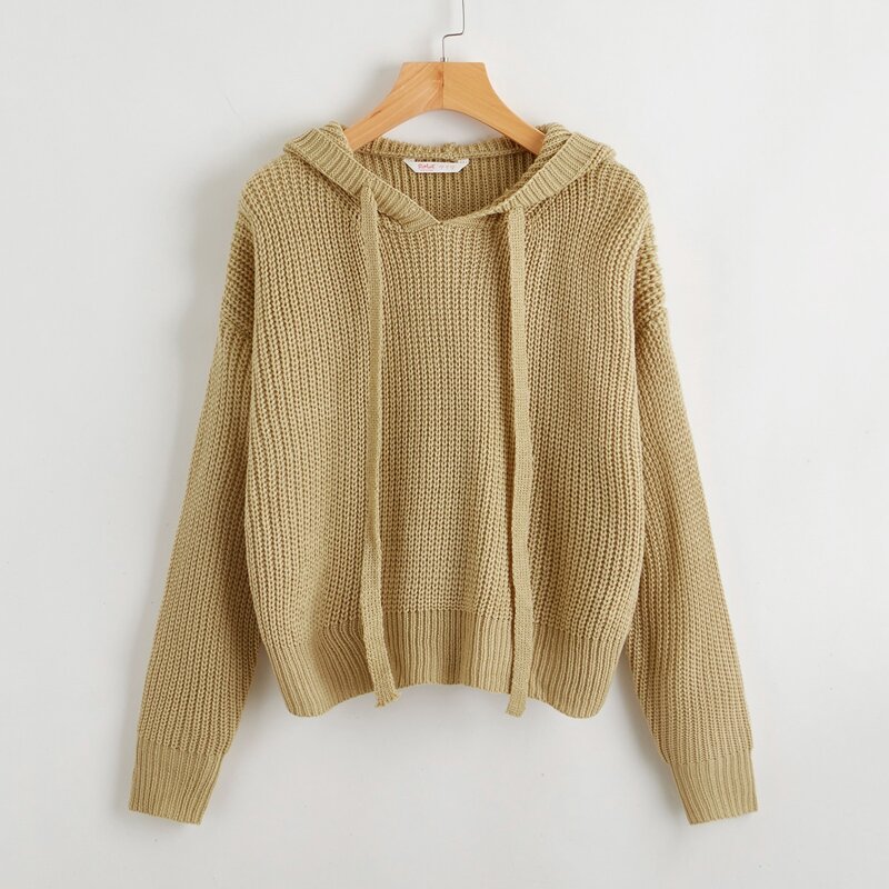 

Solid Hooded Drawstring Sweater, Khaki