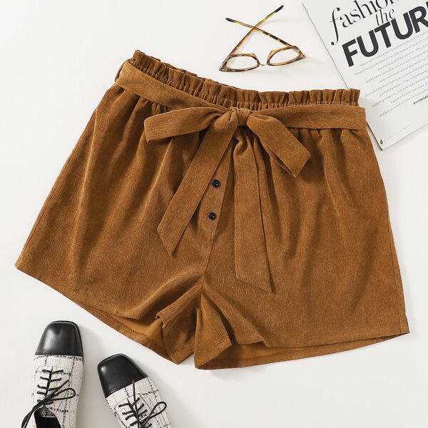 

Plus Solid Paper Bag Waist Belted Shorts, Brown